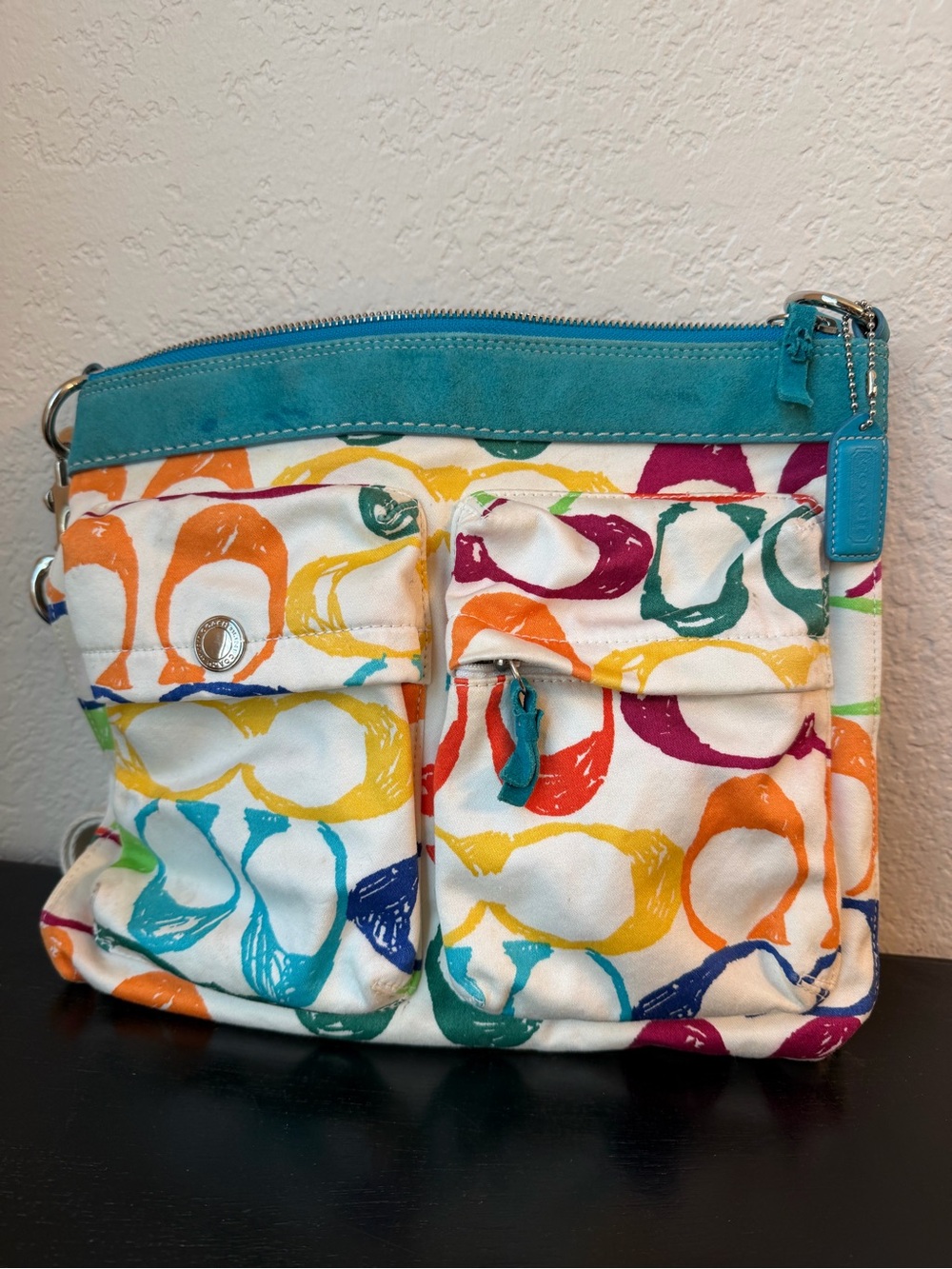 Authentic Y2K Coach Scribble Canvas Demi Shoulder Bag Turquoise Creed M04J-5672